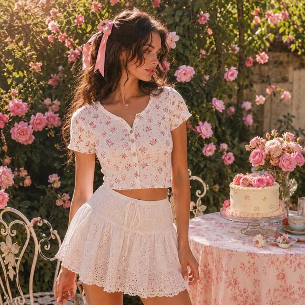 Joie Floral Pointelle Cropped Baby Tee Coquette Cottagecore Henley Top